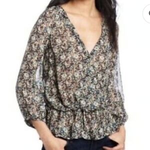 Joie 100% Silk Storm Floral Print Louvre Blouson Peplum Blouse 3/4 Sleeve SizeXS